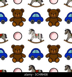 Seamless vector pattern featuring adorable cartoon teddy bears, rocking horses, and toy cars, interspersed with pink circles on a white background, cr Stock Vector