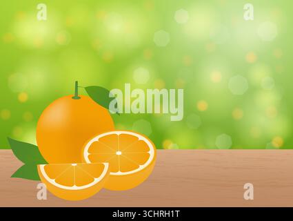 Orange Fruit on Wooden Table with Orange Garden Background. Vector Illustration. Stock Vector