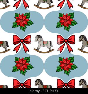 Seamless vector Christmas pattern featuring a charming repeating design of rocking horses, poinsettias, and festive red bows, perfect for holiday wrap Stock Vector