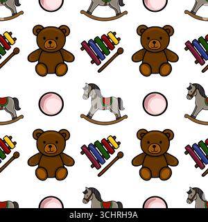 Seamless vector pattern featuring charming illustrations of teddy bears, rocking horses, and xylophones, set against a clean white background with pin Stock Vector
