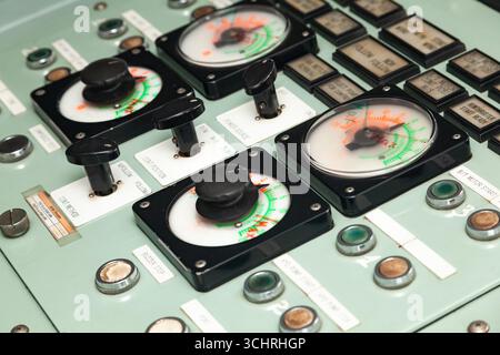 Ship control panel with buttons, switches, sensors and warning lights. Stock Photo