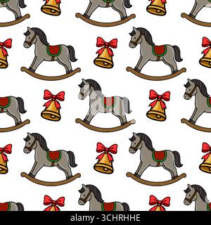 Seamless vector pattern featuring charming rocking horses and golden bells adorned with red bows, creating a festive and nostalgic Christmas design. Stock Vector
