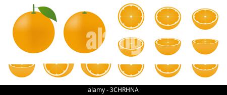 Set of Orange fruit and Piece of Sliced Orange. Vector Illustration Isolated on White Background. Stock Vector