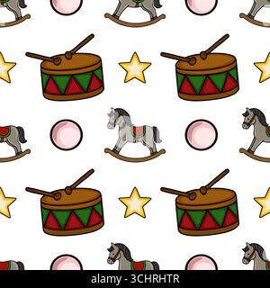 Seamless vector pattern featuring charming vintage toy illustrations: rocking horse, drum, star, and ball, rendered in a playful, hand-drawn style wit Stock Vector