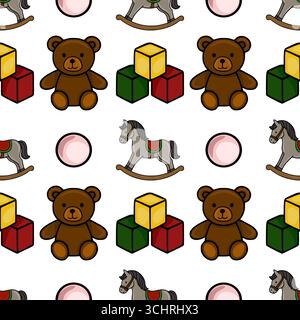 Seamless vector pattern featuring adorable cartoon teddy bears, rocking horses, building blocks, and pink balls, creating a playful and charming desig Stock Vector