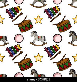 Seamless vector pattern featuring charming hand-drawn illustrations of rocking horses, xylophones, drums, and stars on a white background, ideal for c Stock Vector