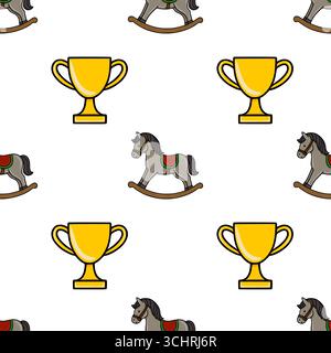 Seamless vector pattern featuring alternating illustrations of a classic rocking horse and a golden trophy cup, symbolizing achievement and childhood Stock Vector