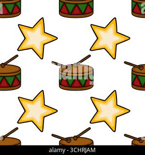 Seamless vector pattern featuring a playful arrangement of stylized drums and stars, perfect for festive backgrounds or childrens illustrations. Stock Vector