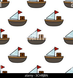 Seamless vector pattern of charming hand-drawn sailboats with red flags, featuring a simplistic yet detailed design in brown, gray, and light blue, pe Stock Vector