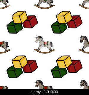 Seamless vector pattern featuring a charming repeating design of grey rocking horses and colorful building blocks, perfect for childrens products or p Stock Vector