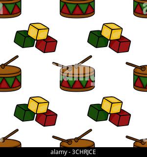 Seamless vector pattern featuring a playful arrangement of toy drums and colorful building blocks, rendered in a hand-drawn style with bold outlines a Stock Vector