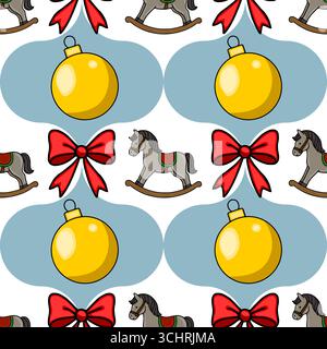 Seamless vector pattern featuring a whimsical Christmas design with golden baubles, rocking horses, and festive red bows, set against a soft blue back Stock Vector