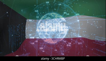 Displaying Kuwaiti flag in cyberspace featuring holographic globe with floating code, network nodes Stock Photo