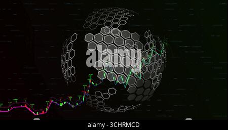 Displaying 3D hexagonal sphere pulsing in digital data realm, with candlestick bars and trend line Stock Photo