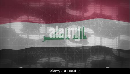 Displaying Iraqi flag with Kufic script in digital backdrop featuring code and circuit lines Stock Photo