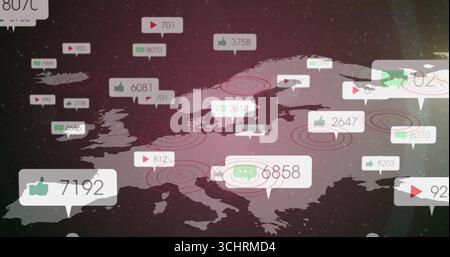 Displaying Europe map with floating like, play and comment icons and red rings on starfield Stock Photo