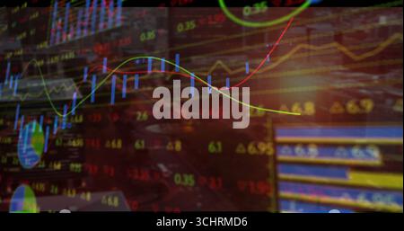 Displaying charts showing candlesticks, moving averages at desk with coffee mug, laptop keyboard Stock Photo