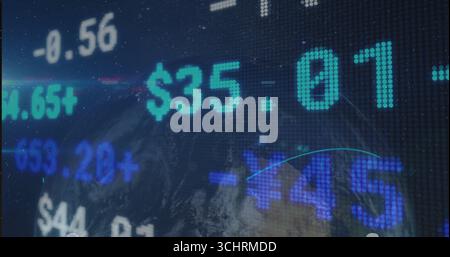 Flashing green dot-matrix ticker displaying stock values on trading board, with globe overlay Stock Photo