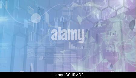 Data dashboard displaying translucent bar charts, line graphs and network nodes on control panel Stock Photo