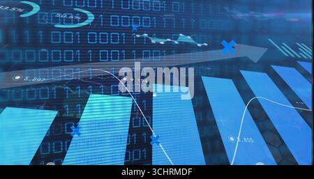 Displaying blue bars rising at center on digital dashboard, with binary code and white line graph Stock Photo