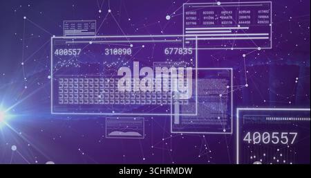 Displaying translucent panels in purple network, showing numeric readouts, code blocks and nodes Stock Photo