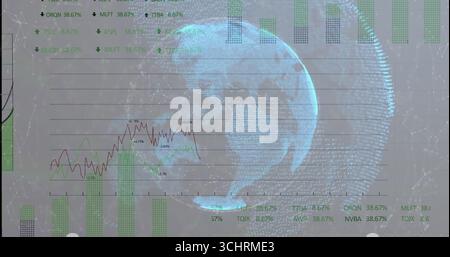 Displaying 3D wireframe globe in virtual dashboard, showing green bar charts and dual-line graph Stock Photo