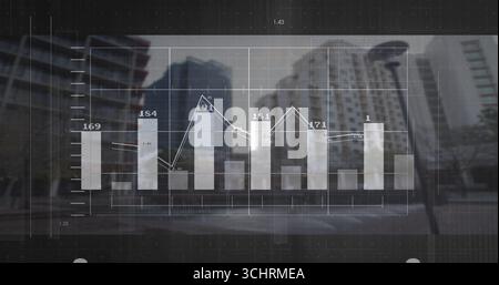 Displaying semi-transparent bar chart and line graph overlaying city road, grid lines and towers Stock Photo