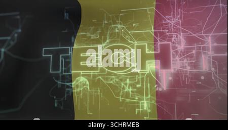 Displaying TECH graphic overlaying three vertical color panels on canvas with neon green circuitry Stock Photo