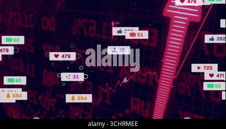 Displaying media notification icons and counters on red grid interface with jagged line chart spike Stock Photo