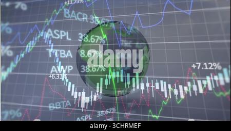 Displaying 3D Earth on dashboard with candlesticks graphs percentages tickers ASPL BBTA TBBA AVP Stock Photo