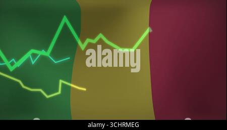 Displaying neon green and yellow jagged line charts spanning interface, with green yellow red bands Stock Photo