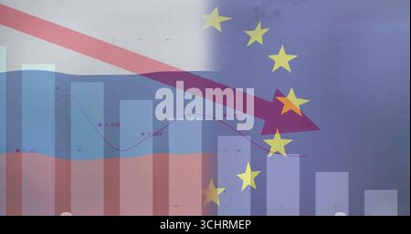 Declining red arrow crossing translucent charts in digital graphic, with EU stars and flag shapes Stock Photo