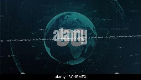 Rotating green globe displaying 5G overlay in virtual network, with waveform and floating data Stock Photo