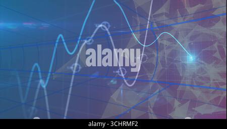 Displaying wavy cyan and white data trend lines curving through grid space, with circular nodes Stock Photo