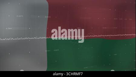 Displaying grey data panel on screen, with white dotted trend line and red green background Stock Photo