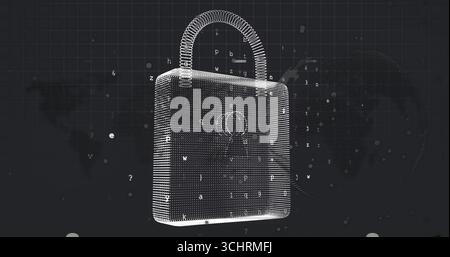 Floating 3D wireframe padlock in virtual grid, with drifting symbols, world map outline, copy space Stock Photo