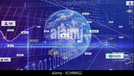 Displaying 3D Earth globe rotating in network, showing social icons, analytics graphs, binary code Stock Photo