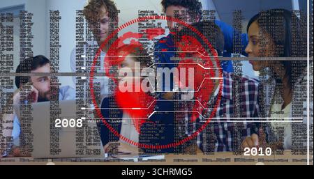 Team of six experts collaborating around table with laptops in office, with red globe nodes overlay Stock Photo