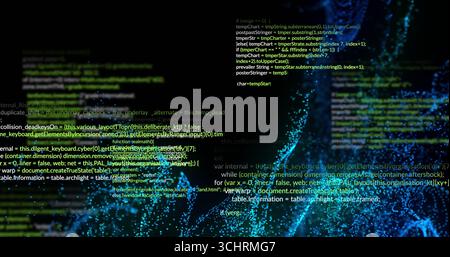 Displaying 3D particle network flowing in data visualization scene, with semantic code overlay Stock Photo