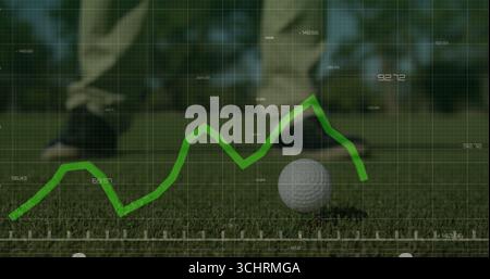 Displaying numeric graph, grid overlay over white golf ball on tee and golf shoes on green Stock Photo