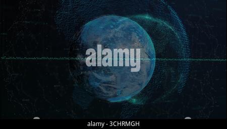 Displaying holographic globe glowing in data grid network, with waveform pulses and numeric labels Stock Photo