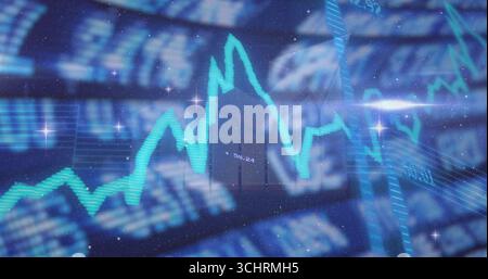 Displaying glowing turquoise line chart fluctuating on dashboard, with blurred numeric data flares Stock Photo