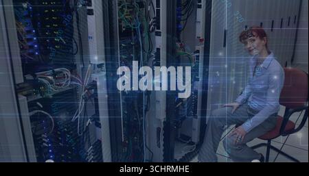 Technician in business casual attire checking server racks in data center, with cables, copy space Stock Photo