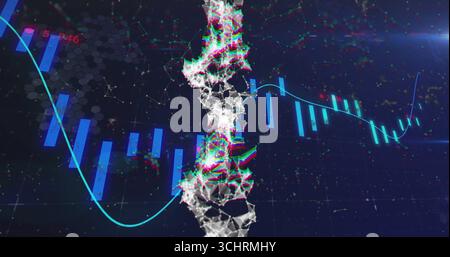 Displaying abstract 3D network mesh strand rising in digital interface, with bar charts, line graph Stock Photo