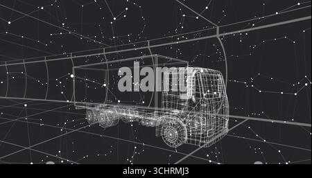Displaying 3D wireframe semi-trailer truck floating in virtual space, with grid and node network Stock Photo