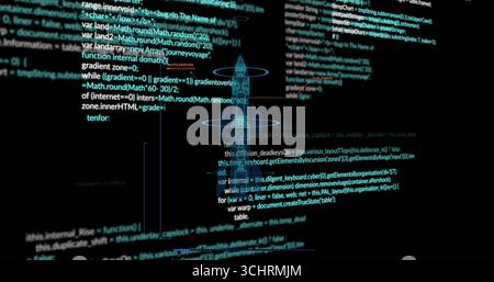 Showing dark IDE displaying JavaScript code on computer screen, with wireframe rocket Stock Photo
