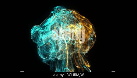 Swirling glowing particles forming fractal shape in dark digital void, with teal and gold coloring Stock Photo