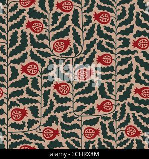 Abstract modern geometric botanical pomegranate foliage vector seamless pattern. Simple armenian background for menu, textile, package. Stock Vector