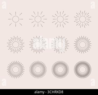 Radial circle line icons. Starburst, sunburst rays, beams, shine shapes vector collection. Stock Vector
