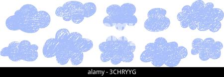 Cute chalk pastel cloud doodle set. Hand drawn kids style cartoon sky symbols with fluffy clouds. Crayon sketch weather elements vector isolated on Stock Vector